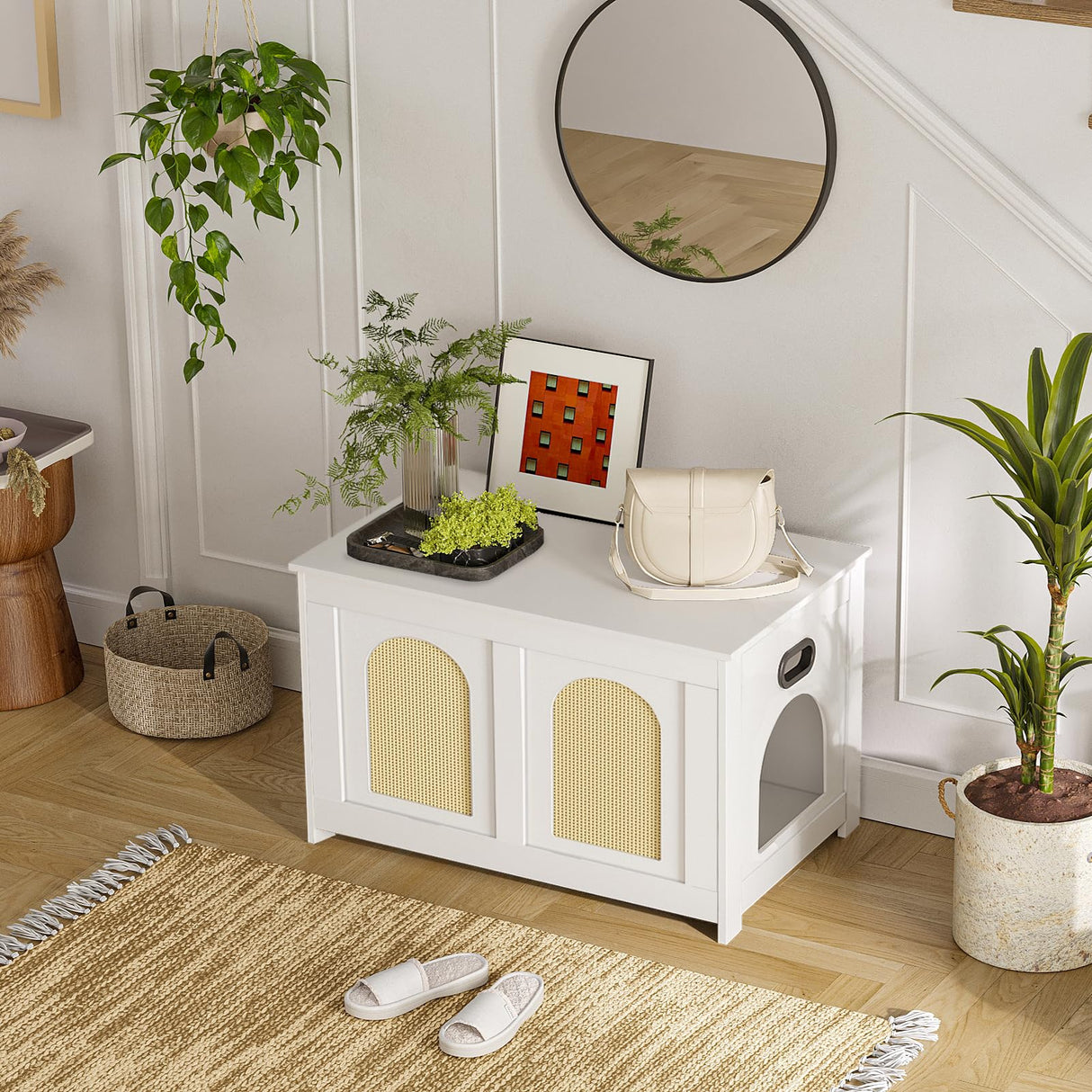 DINZI LVJ Cat Litter Box Enclosure, Flip Top Litter Box Furniture, Rattan-Like Hidden Cat Washroom, Wooden Pet House, End Side Table, 31.5" L x 19.7" W x 19.7" H, Easy to Assemble, White with Rattan DINZI LVJ