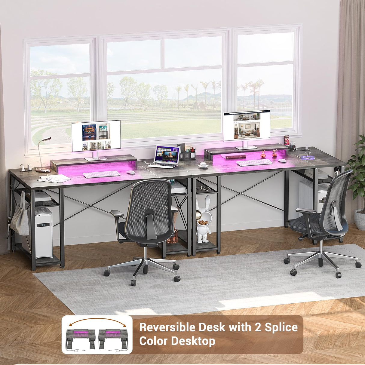 armocity Computer Desk with LED Lights, 55 Inch Desk with Power Outlet and USB, Reversible Large Desk with Moveable Monitor Stand, 55.2'' Gaming PC Table for Home Office, Workstation, Grey armocity