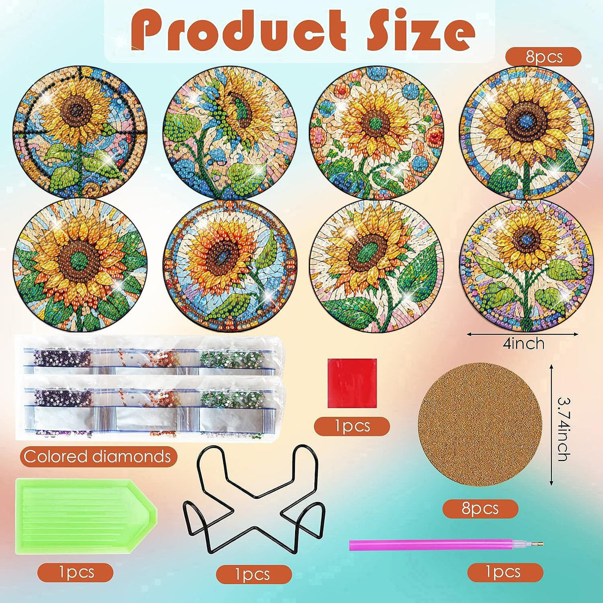 ijbnhd 8 PCS Sunflower Diamond Painting Coasters Sunflower Diamond Art Coasters with Holder DIY for Adults, 5D Diamond Crafts Supplies (Cork Wooden Pad) ijbnhd