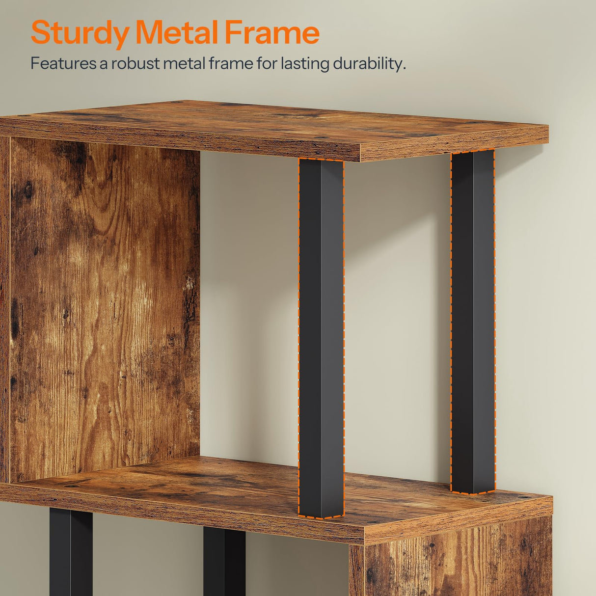 HOOBRO 5-Tier Bookshelf, S-Shaped Geometric Bookcase, Modern Display Shelf, Wooden and Metal Decorative Divider Rack, 2-in-1 Folding Bookshelf for Office, Living Room, Rustic Brown and Black BF20SJ01 HOOBRO