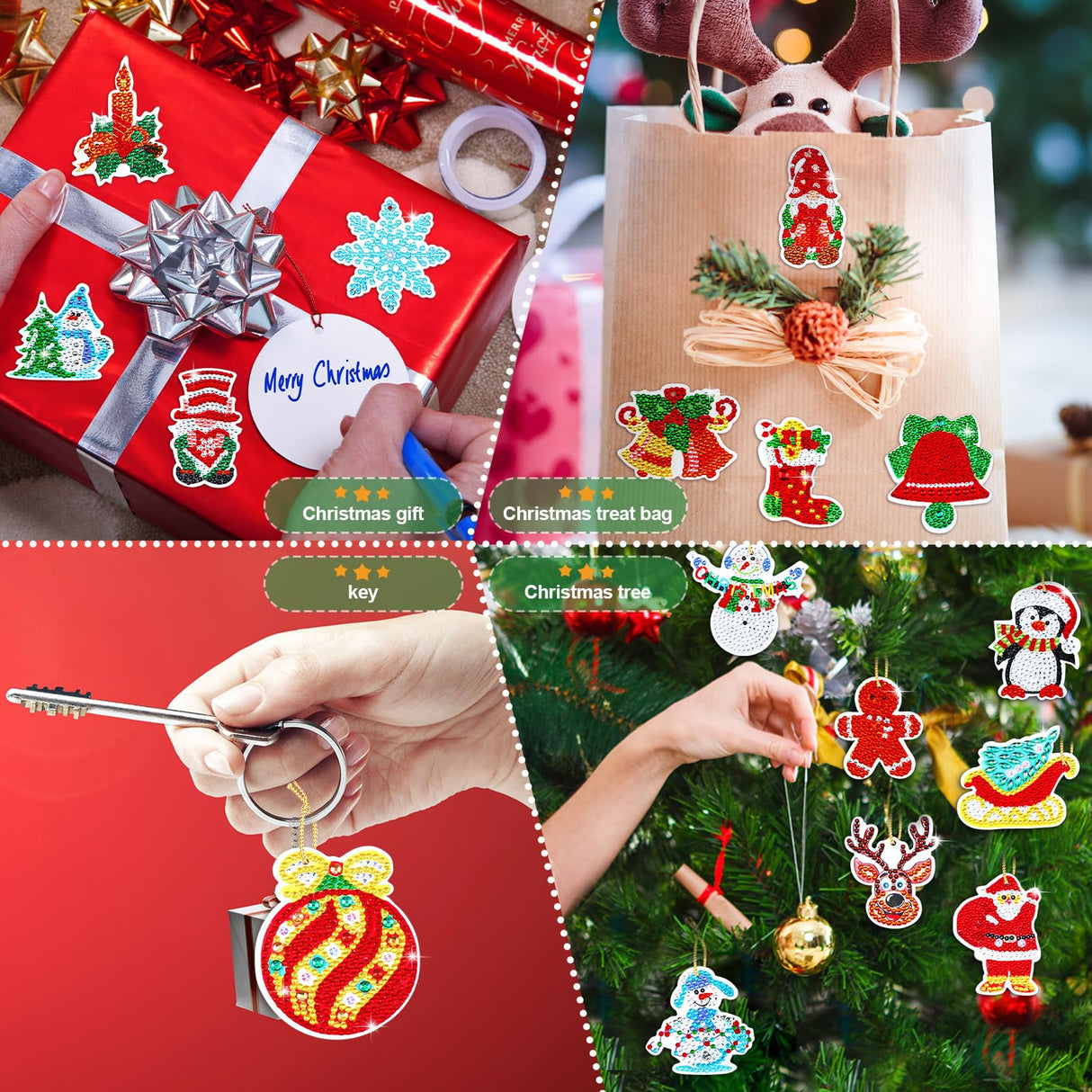 Hungdao 64 Pcs Diamond Art Christmas Ornaments Kits Christmas Crafts for Adults Diamond Gem Art Winter Hanging Ornaments 5d DIY Painting Keychains Xmas Crystal Tree Snowman Home Decor(Classic Red) Hungdao
