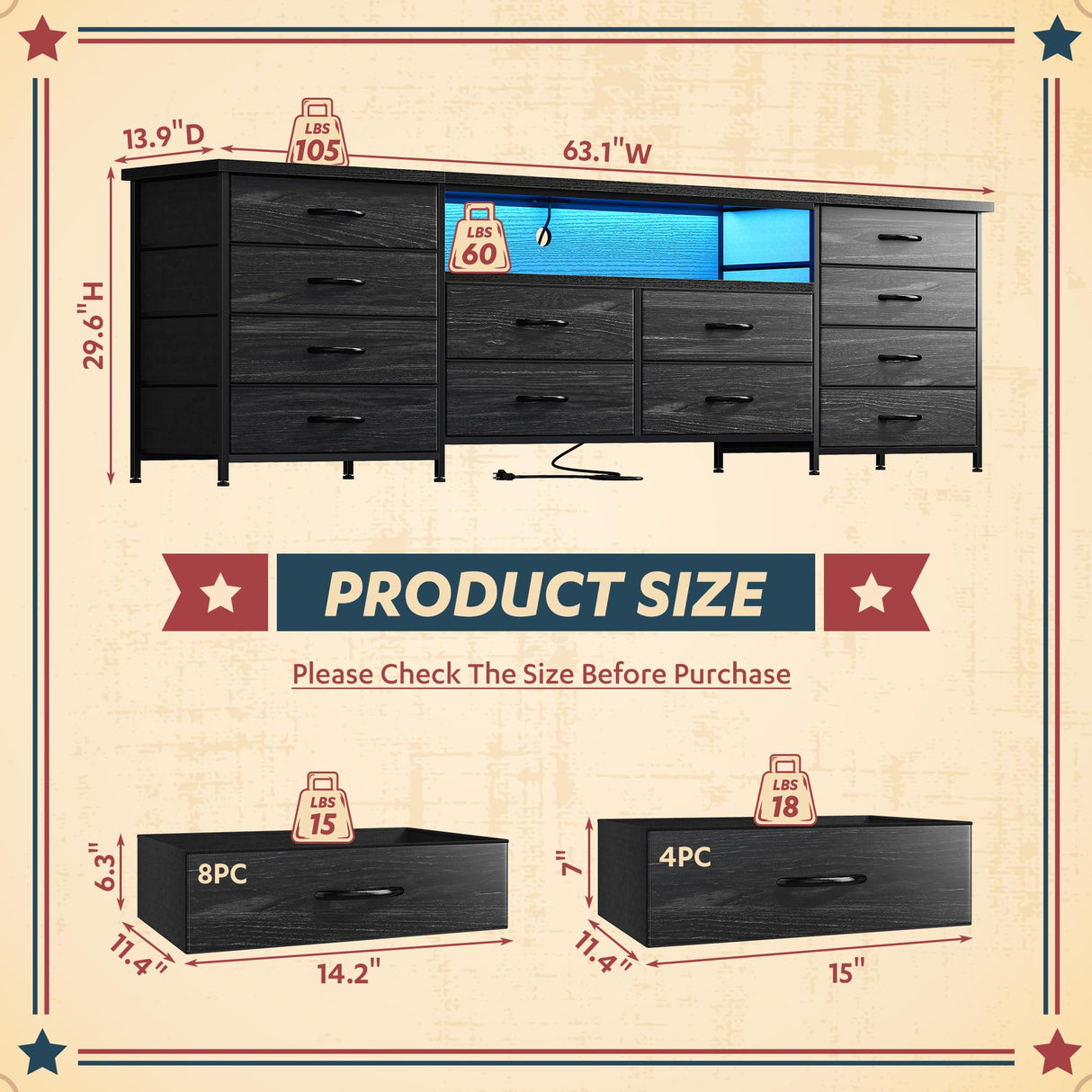 63" Long Dresser for Bedroom with 12 Fabric Drawers Entertainment Center with LED Lights & Power Outlets TV Stand for 70 Inch TV, Organizer for Bedroom, Black Romorgniz