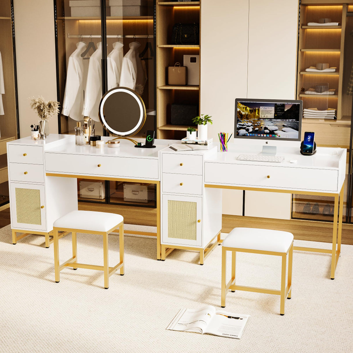 AWQM White Makeup Vanity Desk with Stools,Rattan Vanity Table Set with Power Outlet,Makeup Table Dressing Table with Drawers & Cabinet, Small Vanity Table for Bedroom with Storage,Without Mirror AWQM