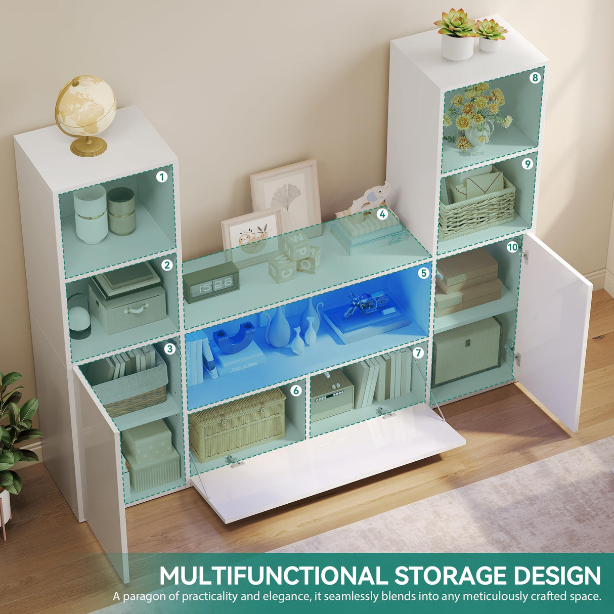 YITAHOME Castle Bookcase with Storage & Adjustable LED Lights, U-Shaped White Bookshelf with Cabinet, UV High-Gloss Display Unit, Cube Organizer for Living Room, Home Office and Bedroom YITAHOME