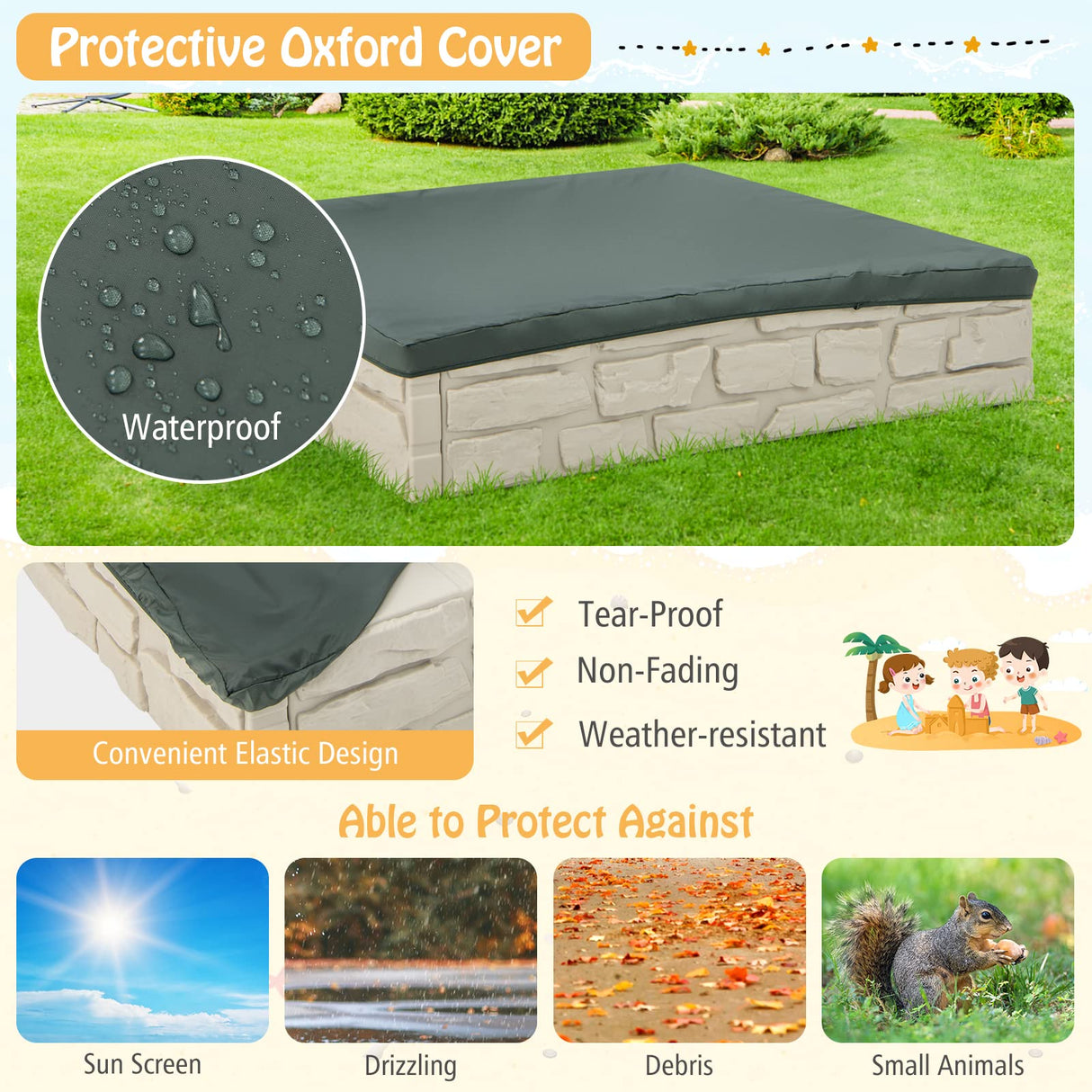 HONEY JOY Sandbox with Cover, 47x47 Inch Square Sand Pit for Backyard, Bottom Drainage Oxford Liner, HDPE Playful All Weather Resistant Sand Boxes for Kids Outdoor with Lid (White) HONEY JOY