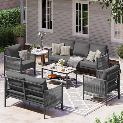 Oasbira Aluminum Outdoor Patio Furniture Set, HDPE Rope 5 Piece Modern Sectional Conversation Sets with Dual-Layer Coffee Table, All Weather Patio Couch Sofa with Thick Cushions, Gray Frame, Charcoal