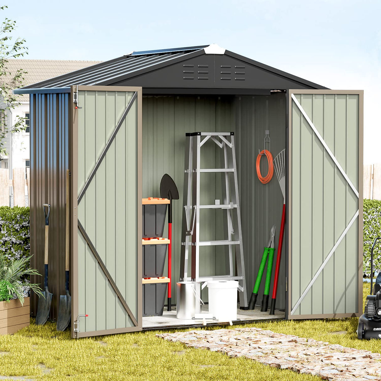 Greesum Metal Outdoor Storage Shed 6FT x 4FT, Steel Utility Tool Shed Storage House with Door & Lock, Metal Sheds Outdoor Storage for Backyard Garden Patio Lawn (6' x 4'), Brown Greesum