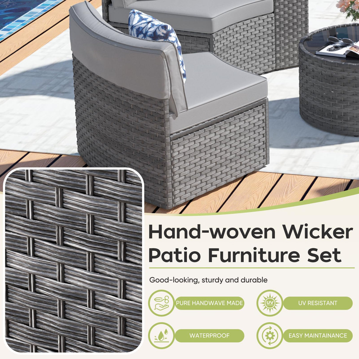 Patio Furniture Set,11 Pieces Half-Moon Curved Outdoor Patio Sectional Sofa with Coffee Table and Side Table Waterproof Cover, Wicker Rattan Patio Coversation Set for Porch,Deck,Backyard(Grey) K Knowbody