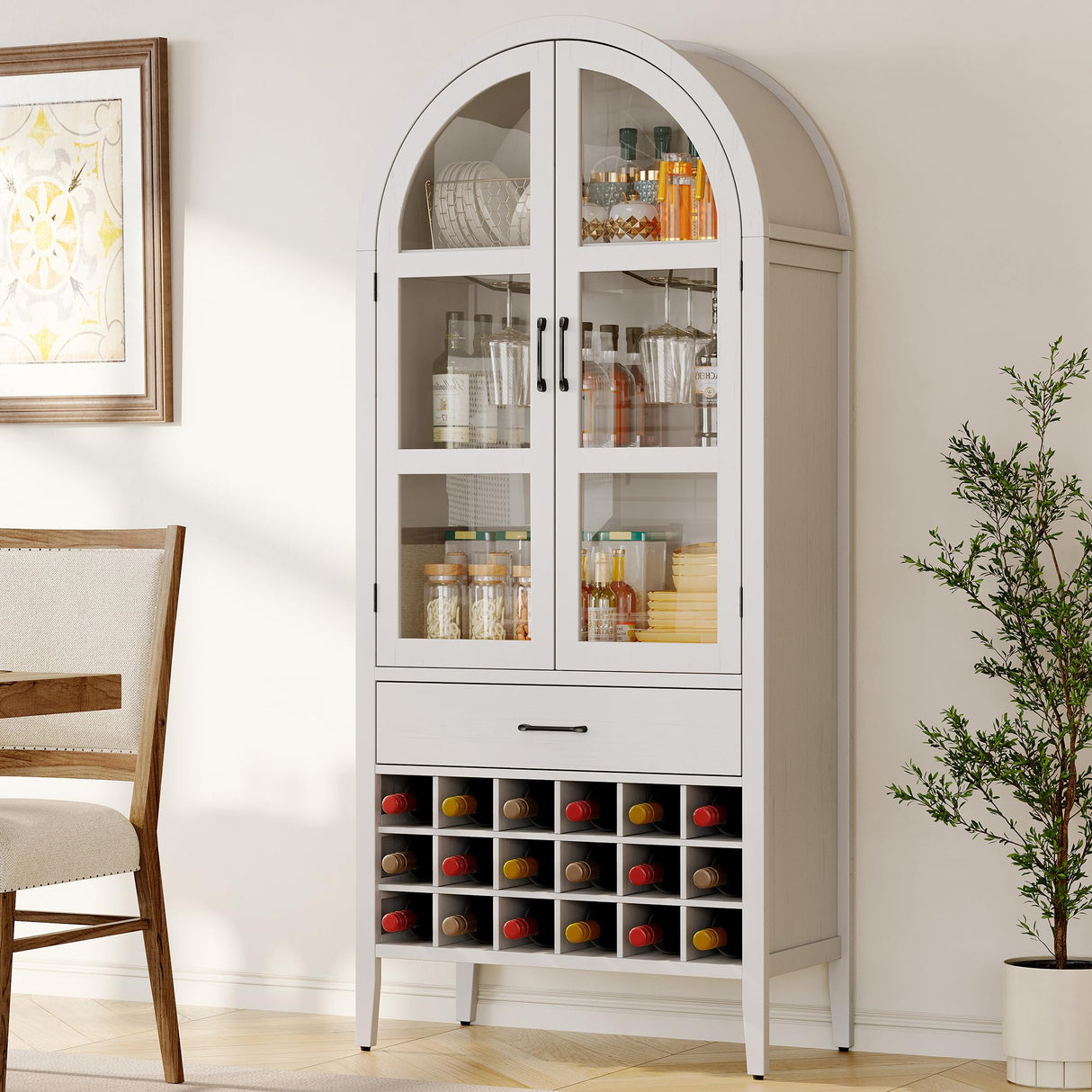 ONBRILL 71" Tall Wine Bar Cabinet, Arched Storage Cabinets with Door, Whiskey Station with Wine Rack and Glass Holder, Liquor Bar Cabinet for Home Kitchen Living Dining Room (Off White) ONBRILL