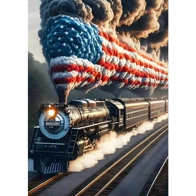 GDYEEH DIY 5D Steam Train Diamond Art Kits, Round Full Drill Sparkling American Flag Diamond Painting Picture, Train Diamond Painting Art Kits Craft for Adults Beginners, Home Wall Decor 12x16 inch