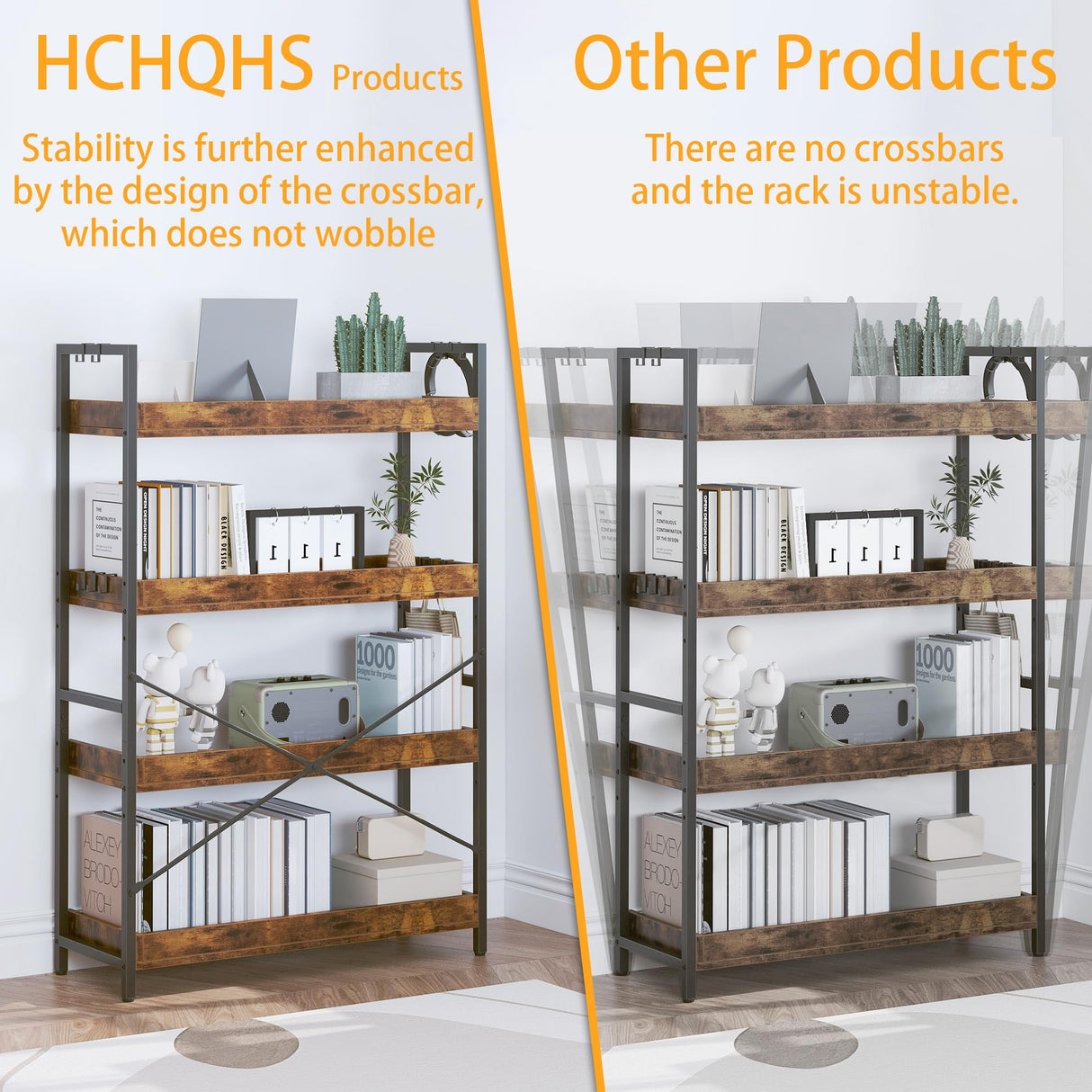 HCHQHS 4 Tier Bookshelf, Adjustable Industrial Bookcase, Vertical Tall Book Shelf, Wood and Black Metal Open Bookshelves for Home Office, Living Room, Bedroom HCHQHS