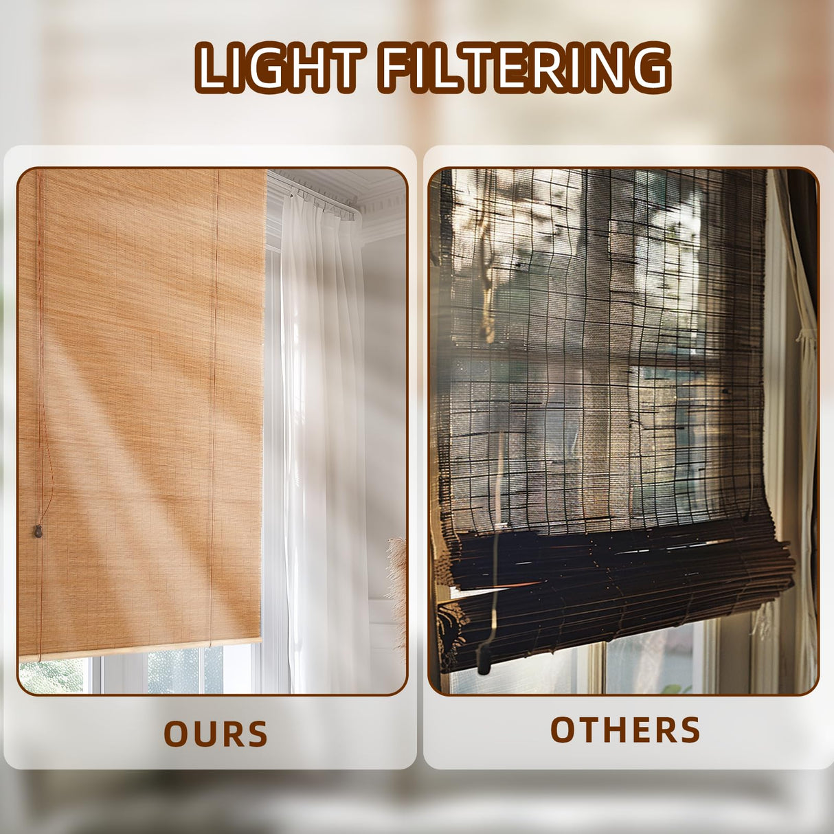 CSBWDLT Bamboo Roller Blinds Shades, Vertical Lifting and Breathable Waterproof Design, Sun Shade and Ventilation, Easy Installation,48" Wx72 H CSBWDLT