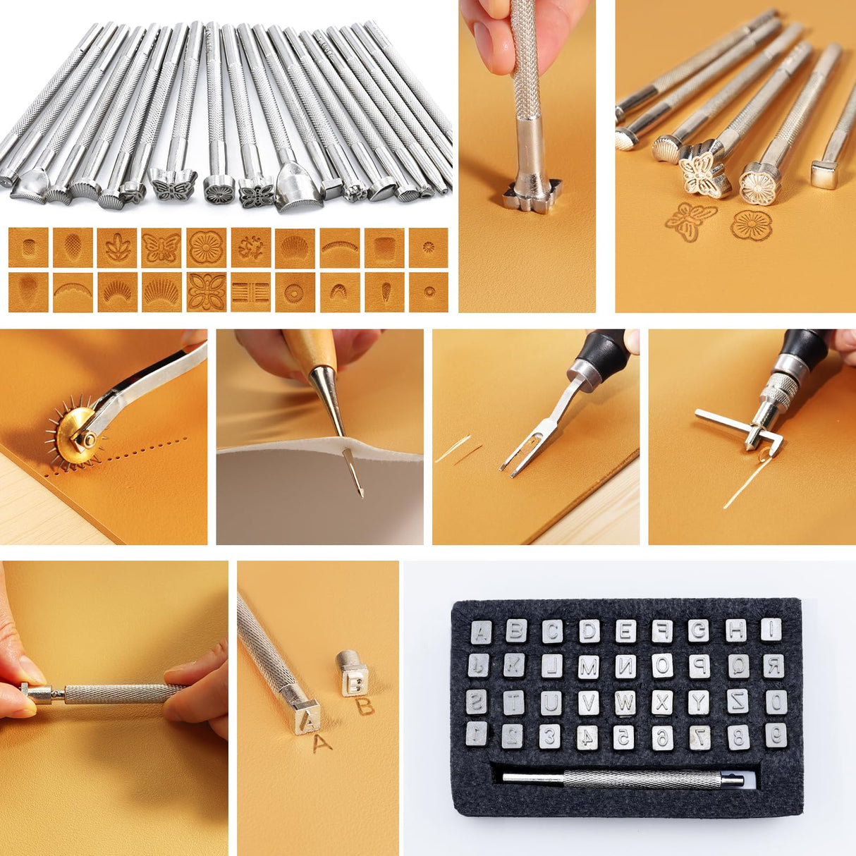 Leather Working Tools Craft Kit for Carving Stamping Sewing Punching Cutting with Storage Bag Professional Leather Tooling kit for DIY Crafting TEKCHIC