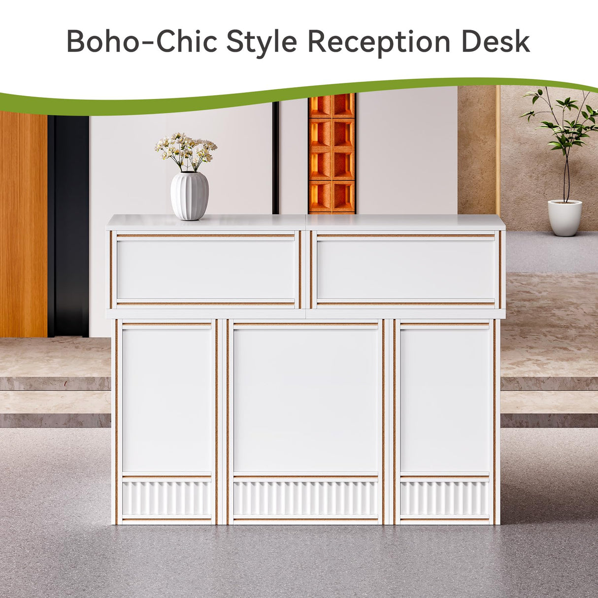 LITTLE TREE 57-Inch Reception Desk with Counter, Boho Style Front Desk, Modern Checkout Counter, Receptionist Desk for Retail, Lobby, Salon, Office, White LITTLE TREE