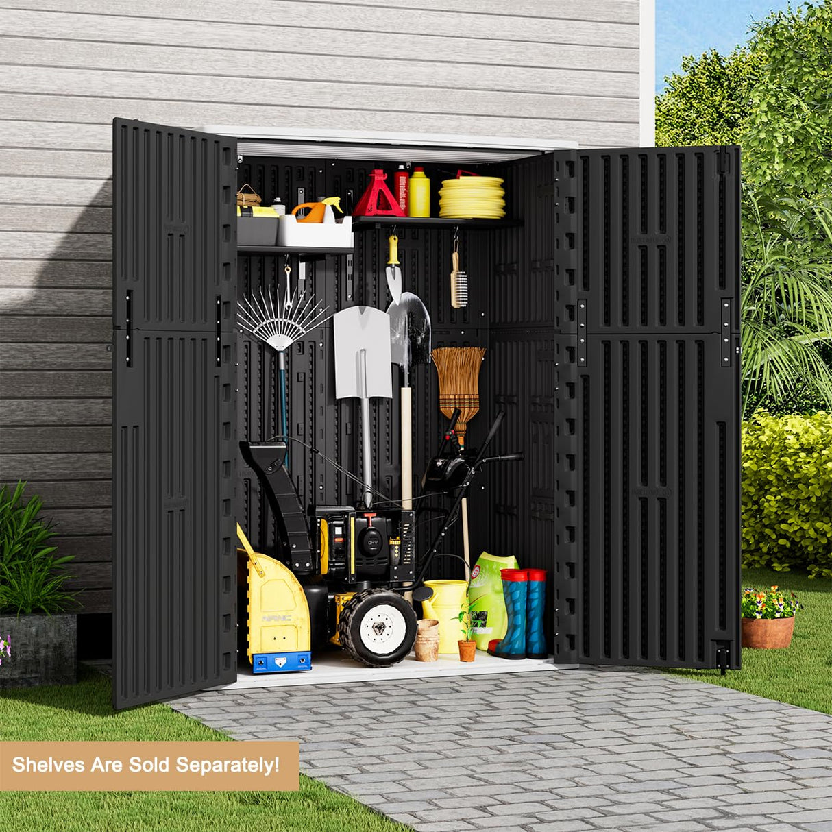 KINYING Outdoor Vertical Storage Shed,57 Cu.ft Outdoor Storage Cabinet Waterproof,Resin Sheds & Outdoor Storage Clearance for Garden,Patio,Backyard,Lockable (Black) KINYING