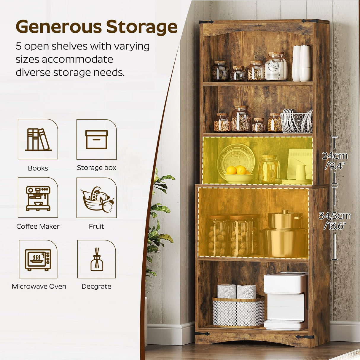 YATINEY Tall Bookcase and Bookshelf, 6-Tier Bookcase with Storage, 63" Wooden Bookshelf, Farmhouse Freestanding Display Storage Shelves for Home Office, Living Room, Rustic Brown SJ09BR YATINEY