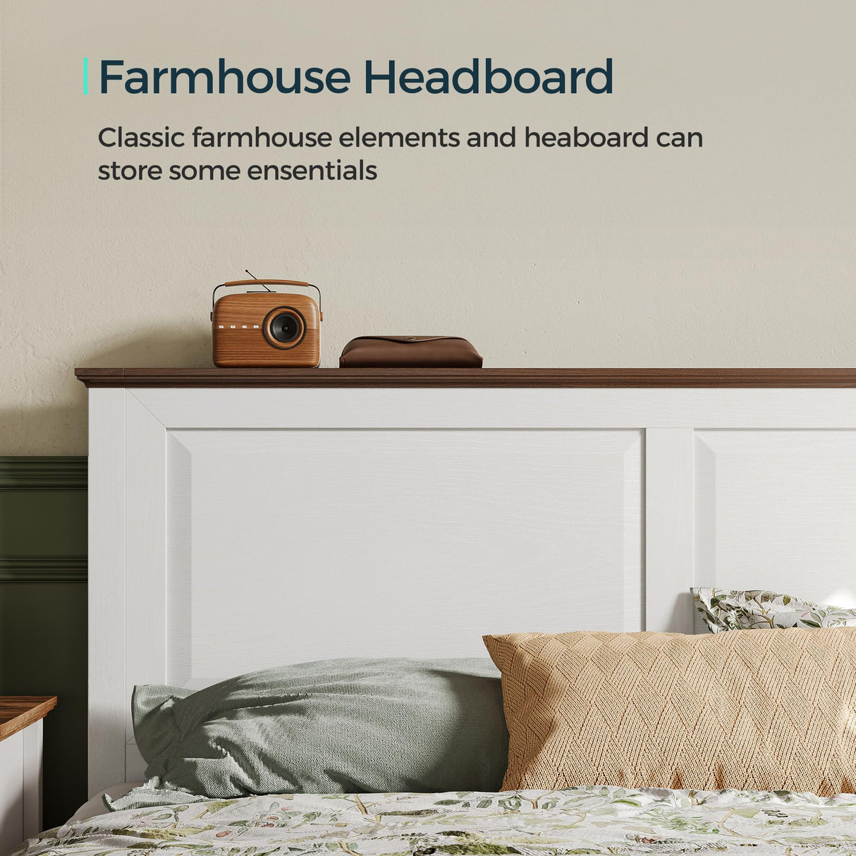 LINSY Wood Queen Bed Frame with Headboard, Farmhouse Bed Frame Queen Size with High Footboard, Wood Bed Fast Assembly, Noise-Free, No Box Spring Needed - White LINSY