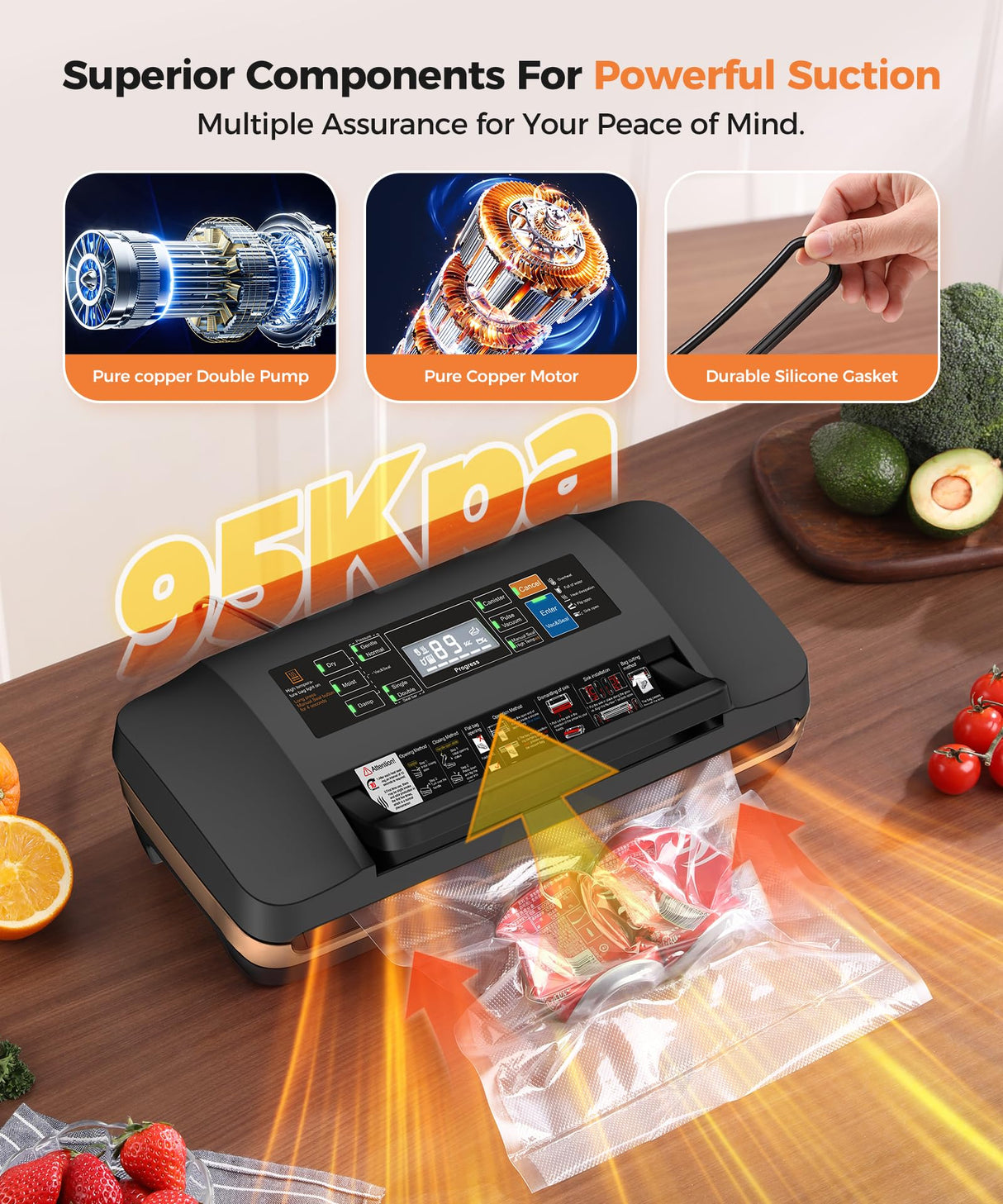 95kpa Vacuum Sealer Machine,Commercial Full Automatic Food Sealer,Powerful Sealing System with Double Heat Seal,Bags Storage, Easy-Lock Handle,Build-in Cutter,1 Bag Rolls and 10 pcs Pre-cut Bags QIQIAOB