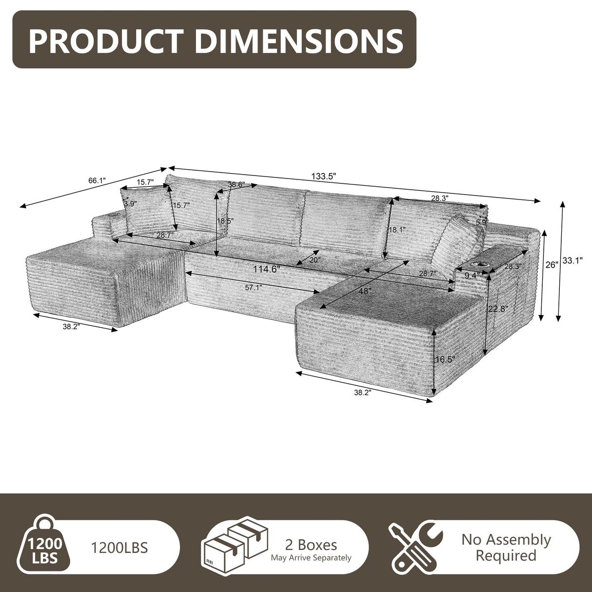 Tmsan 133.5" Oversized U Shaped Cloud Couch, Large Boneless Deep Seat Modular Sectional Sofa with Cup Holders & Side Pockets, Modern Corduroy Foam Compressed Sofa Set for Living Room Apartment Tmsan