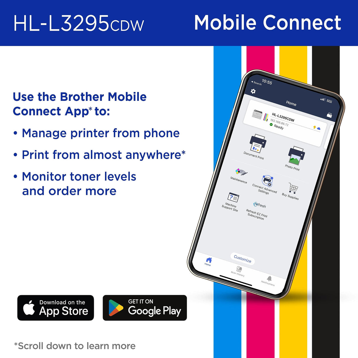 Brother HL-L3295CDW Wireless Compact Digital Color Printer with Laser Quality Output,Duplex,NFC,Mobile & Ethernet Includes 4 Month Refresh Subscription Trial,Amazon Dash Replenishment Ready,HLL3295CDW Brother