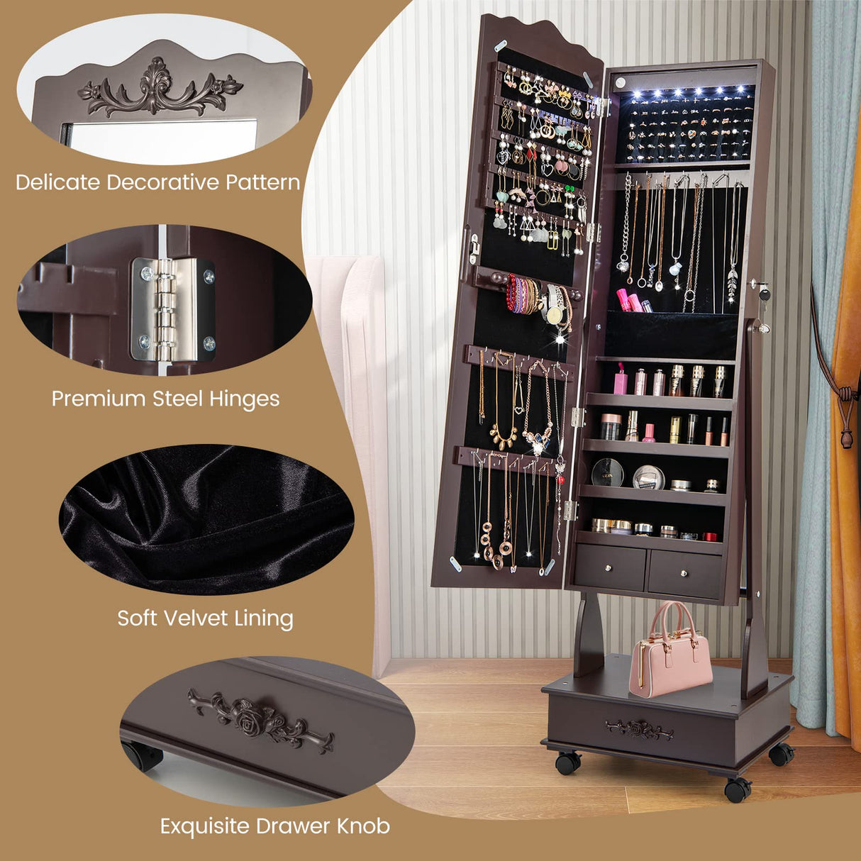 CHARMAID Rolling Jewelry Armoire with Full Length Mirror, Lockable Stand up Jewelry Cabinet with Lights and Wheels, Standing Jewelry Organizer with Drawers, Mirror with Jewelry Storage (Espresso) CHARMAID
