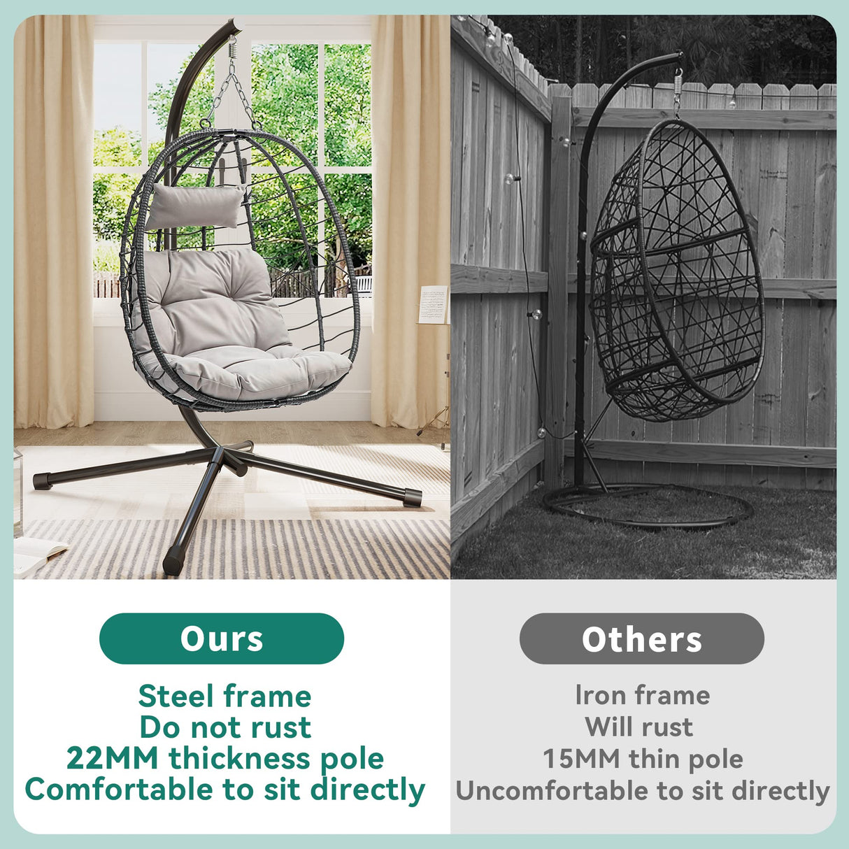 YITAHOME Hanging Egg Swing Chair Outdoor Wicker Hammock Chairs Indoor with Steel Stand UV Resistant Cushion 350lbs for Patio, Bedroom, Garden and Balcony, Gray YITAHOME