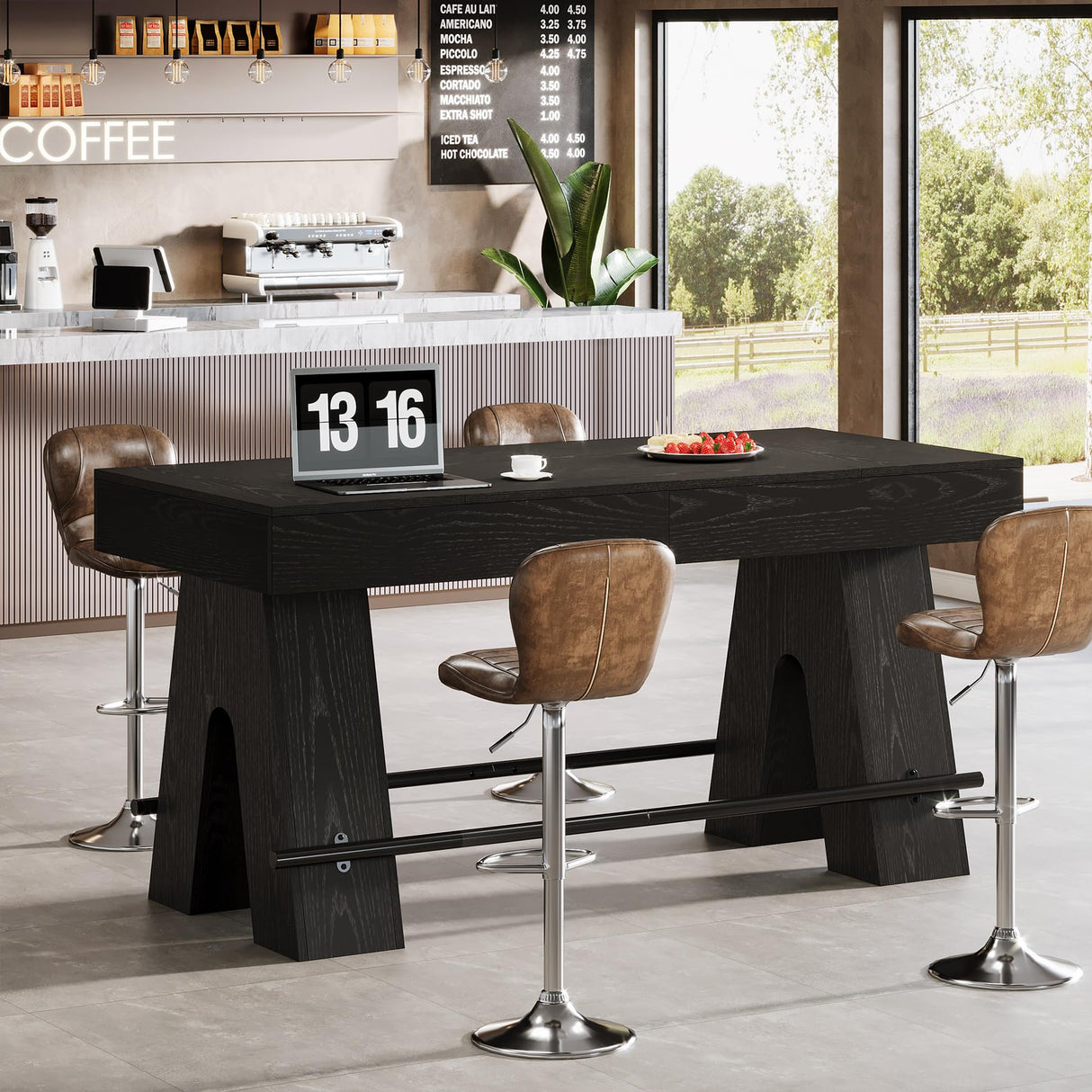 Tribesigns Bar Table, 63-Inch Bar Height Pub Table, Counter Height Table with Metal Footrest, Rectangular High Top Dining Counter Tables with Wood Base for Home Bar, Kitchen, Black Tribesigns