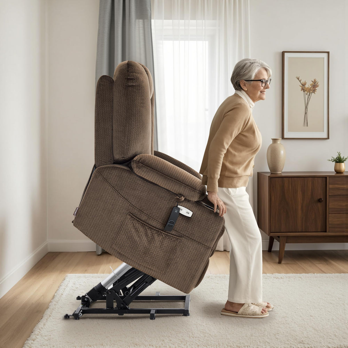 MCombo Oversized Power Lift Recliner Chair Sofa with Massage and Heat for Elderly People Petite, USB Ports, Side Pockets, Fabric R7561 (Brown, Small-Oversize) MCombo