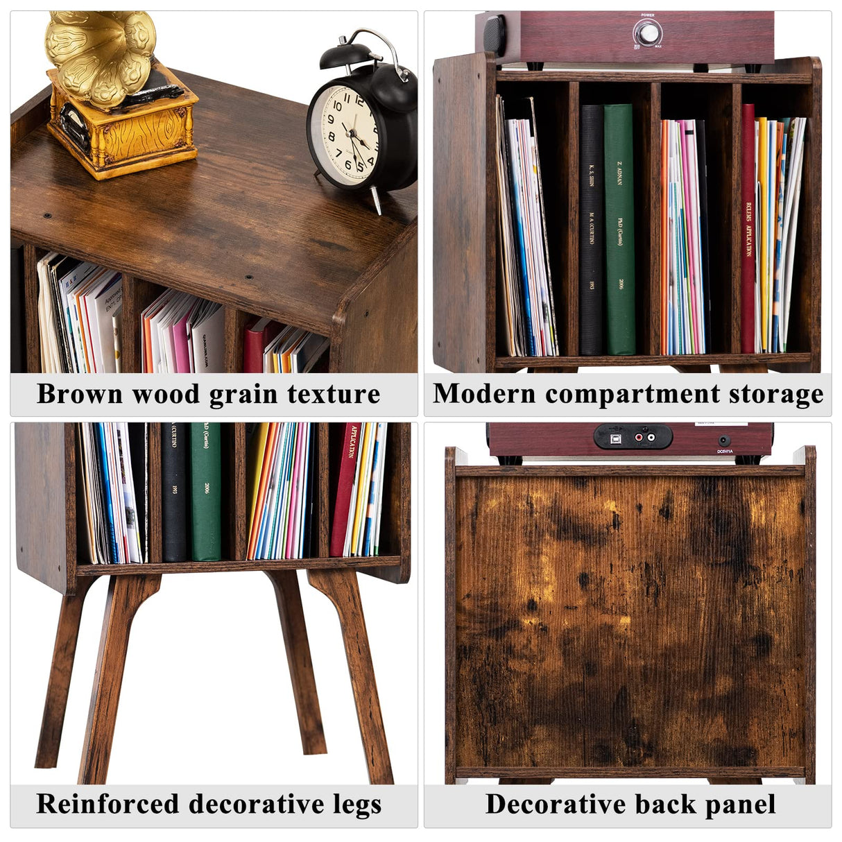 LELELINKY Record Player Stand,Vinyl Record Storage Table with 4 Cabinet Up to 100 Albums,Mid-Century Turntable Stand with Wood Legs,Brown Vinyl Holder Display Shelf for Bedroom Living Room (Patented) LELELINKY