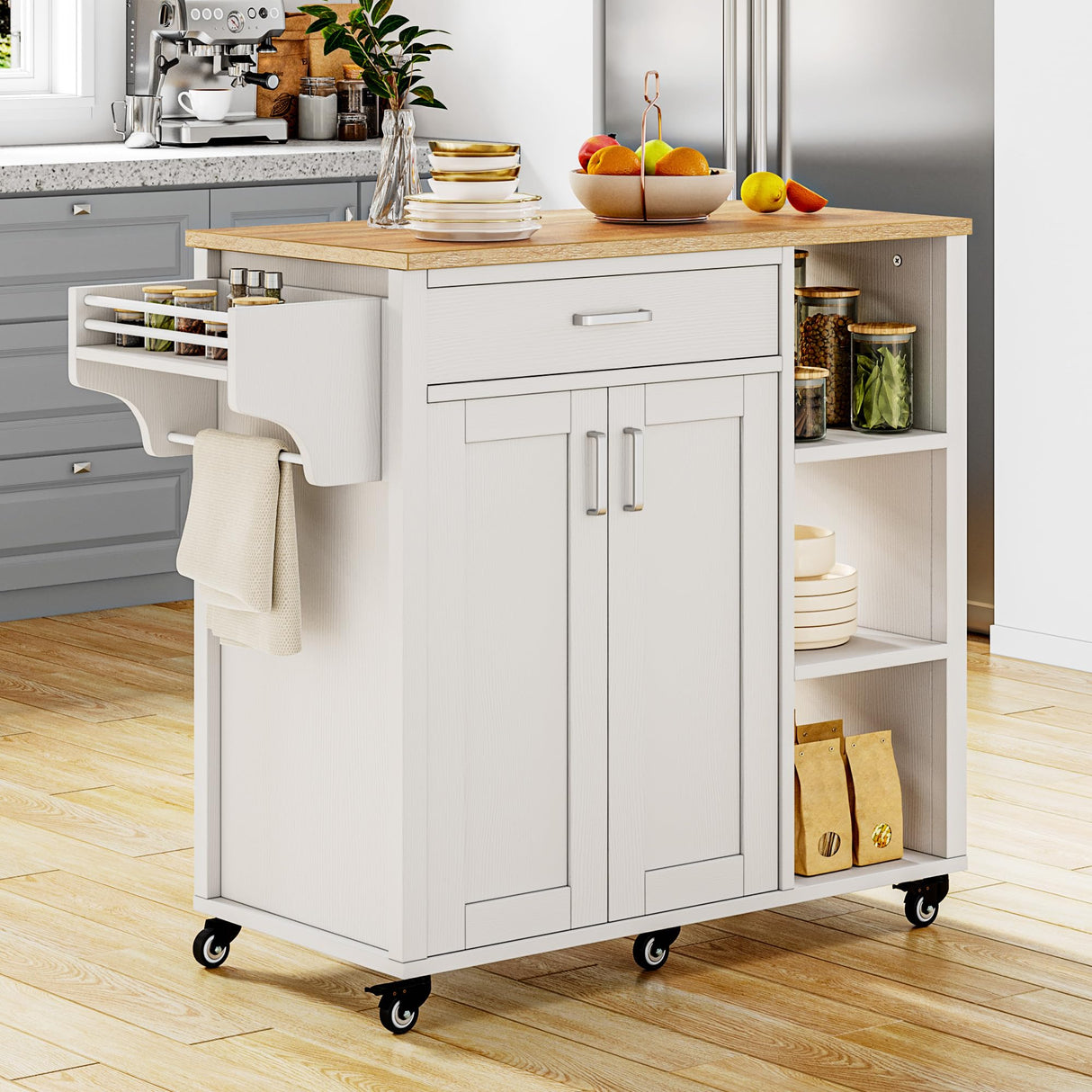 YITAHOME 37" Rolling Kitchen Island Cart with Storage, Butcher Block Island on Wheels, Mobile Kitchen Storage Carts with Shelves & Spice, White YITAHOME
