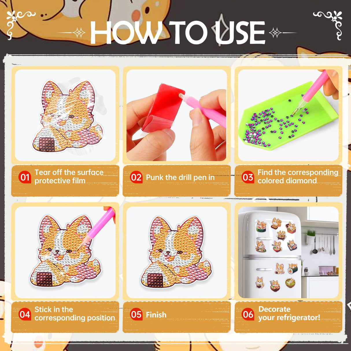 INCOK Corgi Refrigerator Diamond Art Magnets - 12 PCS Japanese Food Diamond Art Magnet Kit Cute Animal Gem Art Fridge Stickers Set Home Decor Birthday Festival Gift for Adults Beginners INCOK