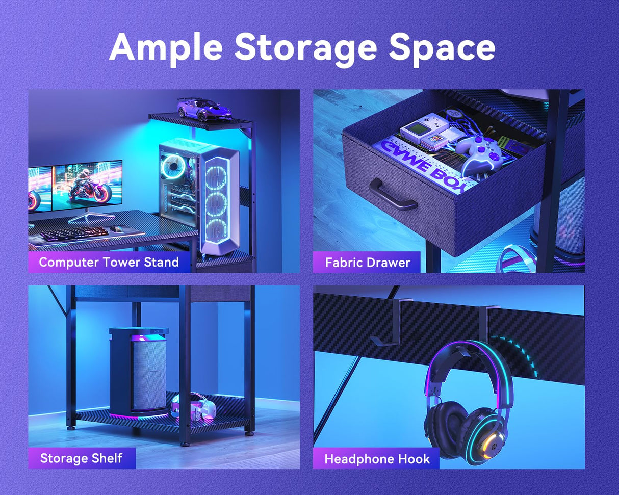 Casaottima 48 Inch Gaming Desk with Storage & LED Lights, Reversible Computer Desk with Display Shelves & Fabric Drawer, Modern Gamer Desk Table with Side Headphone Hook, Carbon Fiber Black Casaottima