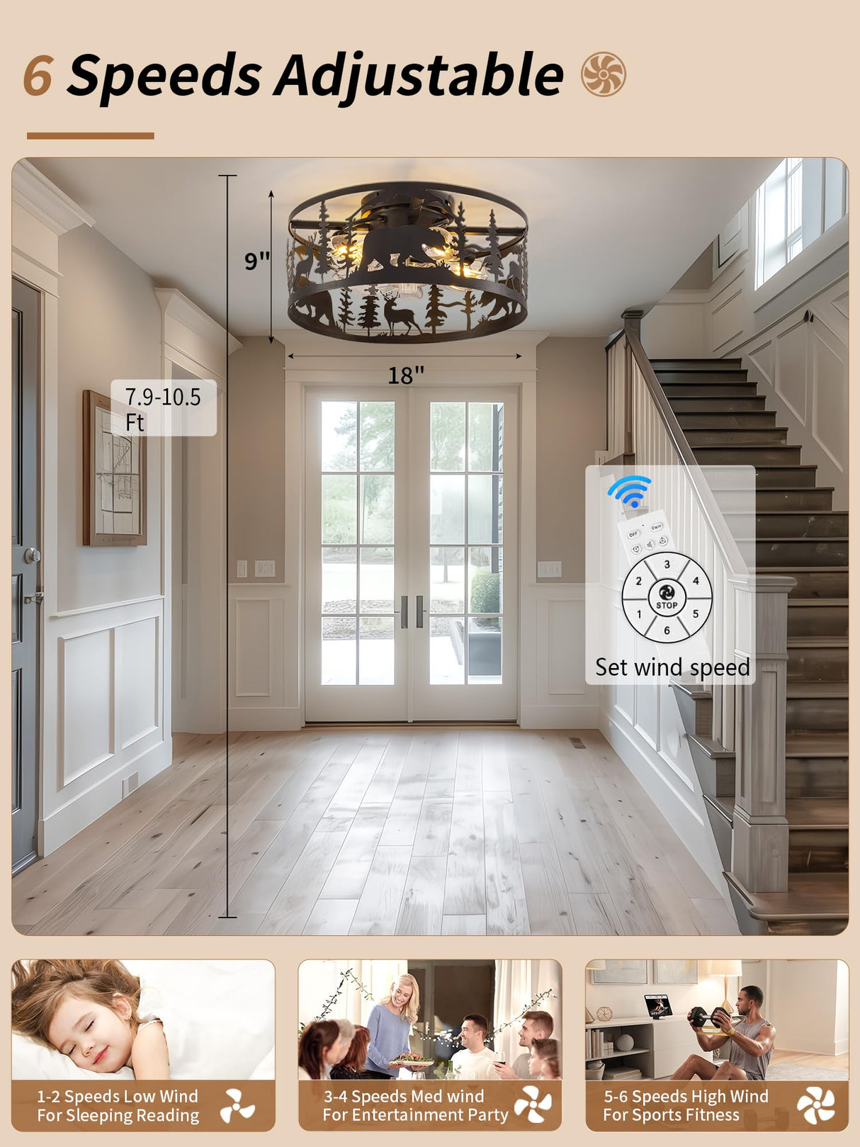 YEDAORL Farmhouse Caged Ceiling Fans with Lights and Remote Control,Rustic Black Chandelier Fan with Bear Deer Design,Flush Mount Low Profile Fandelier for Bedroom,Dining Living Room,Foyer YEDAORL