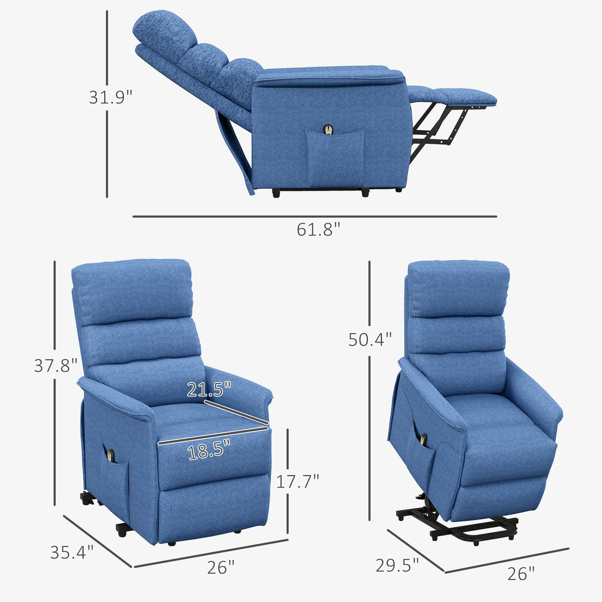 HOMCOM Power Lift Recliner Chair for Elderly, Easy Assembly, Fabric Lift Chair for Adults, Recliner Sofa with Remote Control, Side Pockets for Living Room, Blue HOMCOM