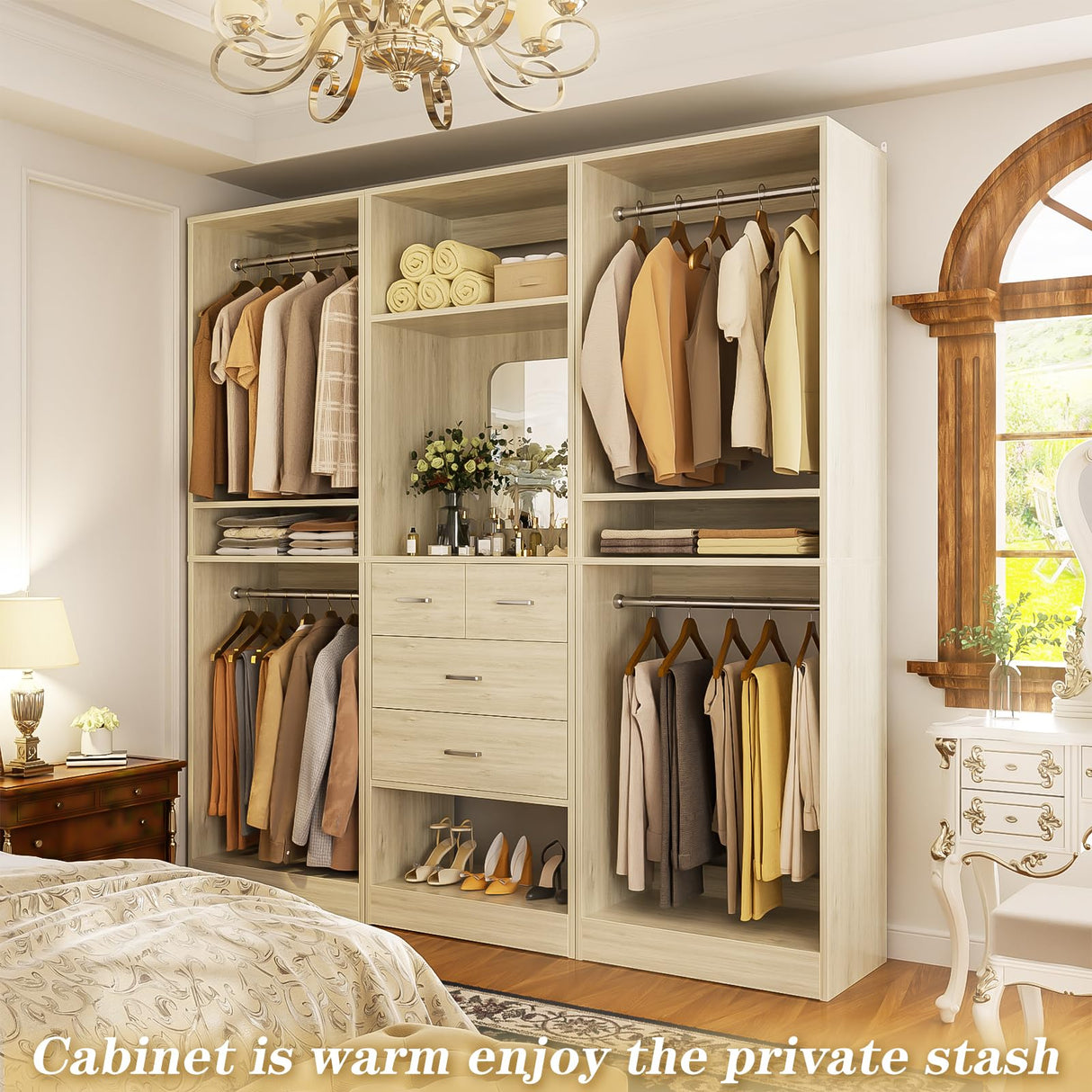 Unikito 75” Closet System with 4 Drawers, 6.3FT Wood Walk in Closet Organizer with Hanging Rods and Mirror, Reversible Large Closet Wardrobe with Shelves, Max Load 2000 LBS, White Oak Unikito