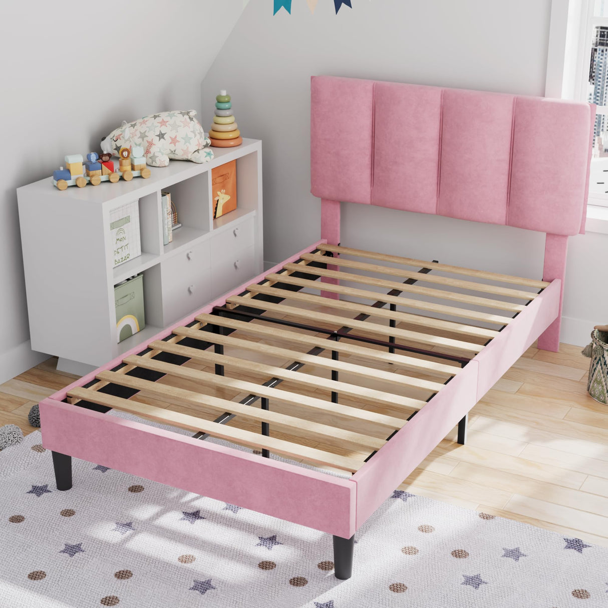 VECELO Twin Bed Frame with Upholstered Headboard, Heavy-Duty Platform Bedframe with Strong Wooden Slats Support, No Boxing Spring Needed, Pink VECELO