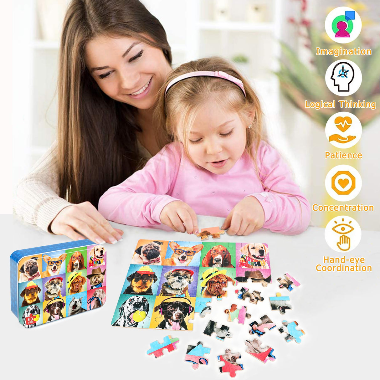 LELEMON Puzzles for Kids Ages 4-6,Dog 60 Piece Puzzles for Kids Ages 4-8,Children Jigsaw Puzzles Kids Puzzles in a Metal Box,Educational Learning Puzzle Toys for Girls and Boys LELEMON