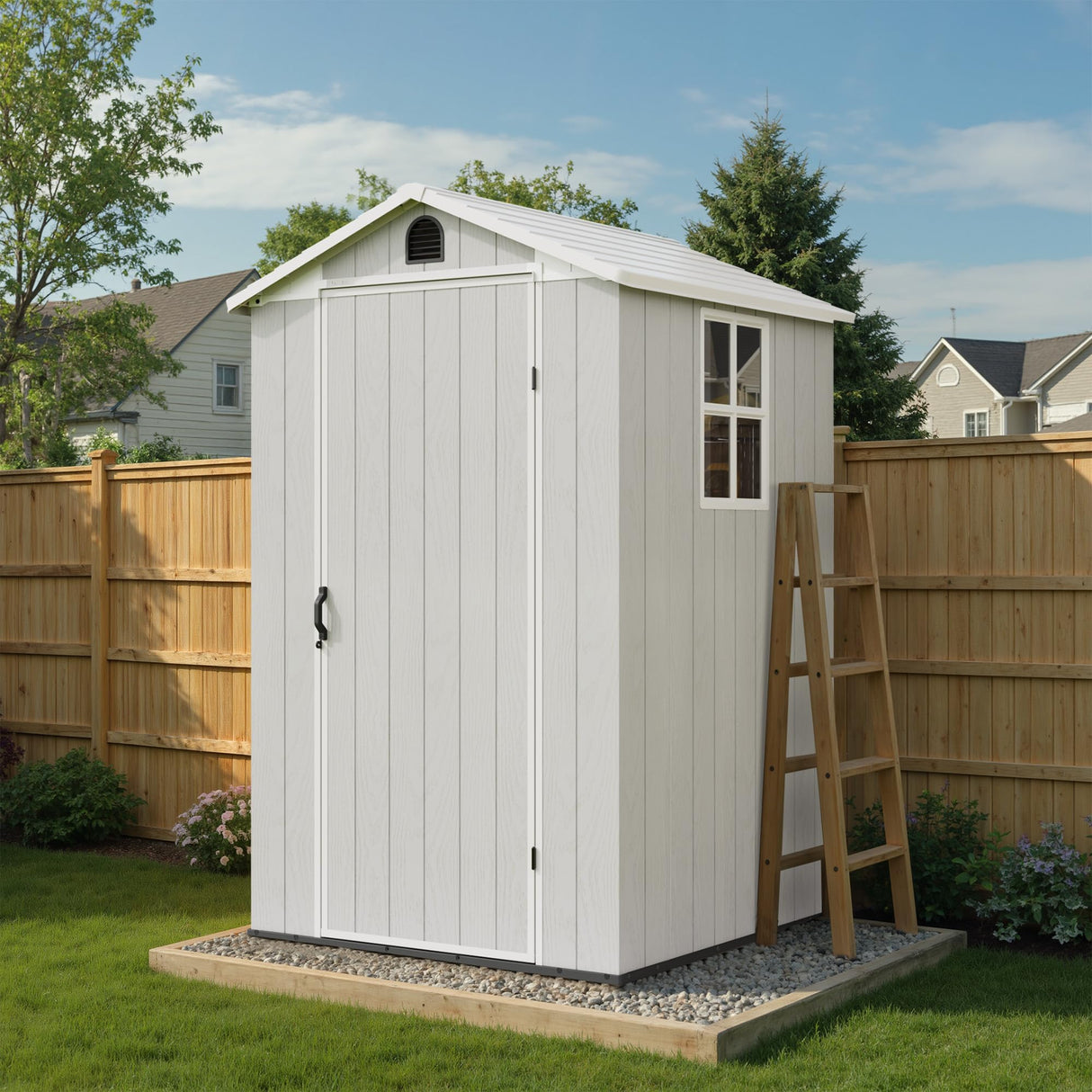 Greesum 4×4FT Plastic Outdoor Storage Shed with Floor, Resin Storaged Sheds with Lockable Door, Window & Vent, All-Weather Tool Sheds for Garden, Backyard, Patio, Light Gray (One-Piece Panel) Greesum