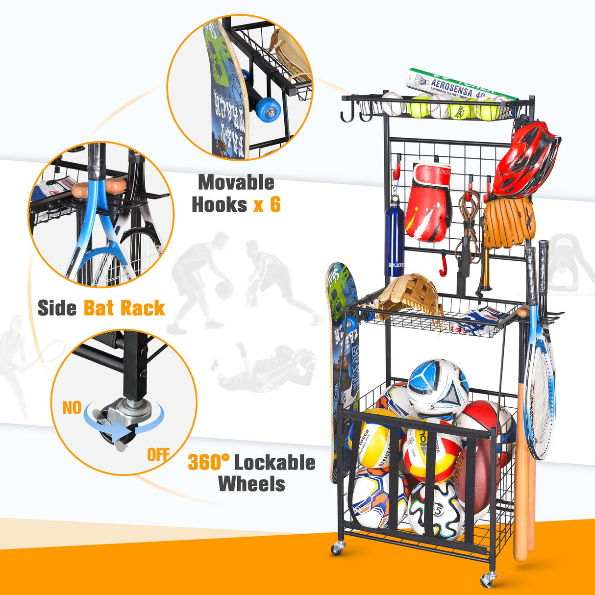 PLKOW Ball Storage Rack, Garage Sports Equipment Storage, Garage Organizer for Toys Sports Gears Balls, Black, Steel PLKOW