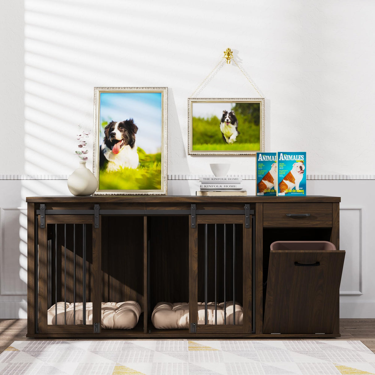 YOCONYO Large Dog Crate Furniture Large Breed,71 Inch Wooden Dog Crate with Tilt Out Trash Cabinet,Drawers,Divider and Sliding Barn Door, Double Doors Dogs Crate for 2 Dogs (Brown) YOCONYO