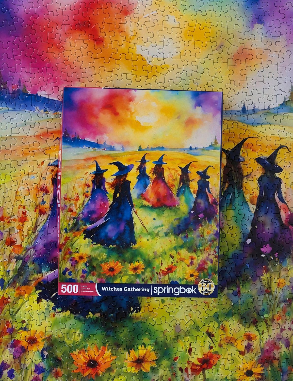 Springbok's Witches Gathering 500 Piece Puzzle for Adults is a Watercolor Image of Witches Gathering in a Blossoming Field Springbok