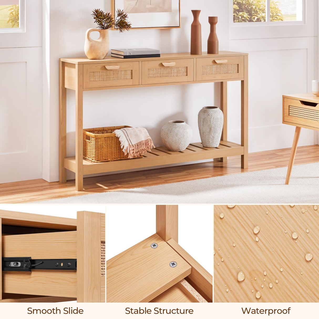 Yaheetech Rattan Console Table, Boho Entryway Table with Storage Drawers and Shelf, Long Hallway Table Foyer Table Sofa Table for Living Room, Corridor and Hallway, Natural Wood Yaheetech