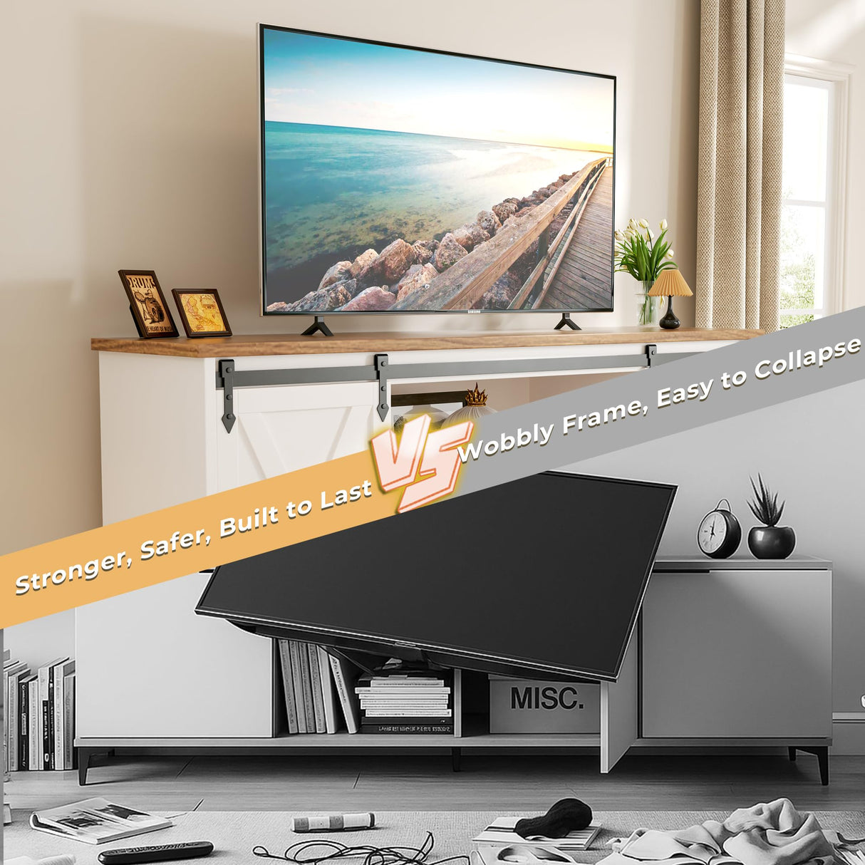 GRUSIGN TV Stand for Televisions up to 65’’, Entertainment Center with Storage Cabinets and Sliding Barn Doors, Media TV Consoles for Living Room, Bedroom, White GRUSIGN