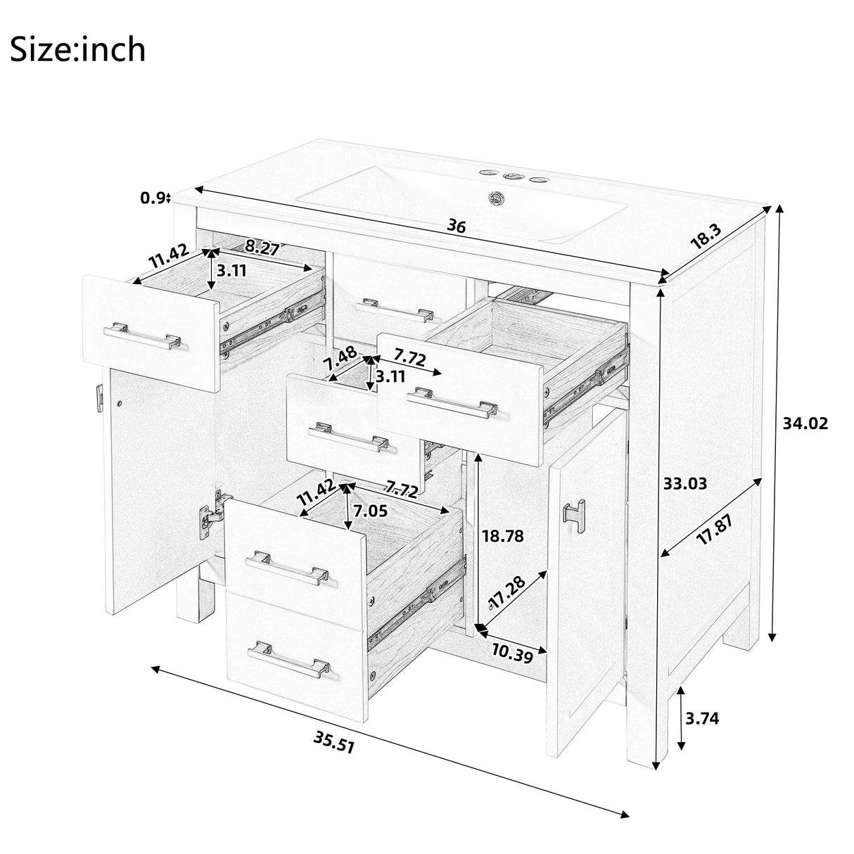 Merax 36" Bathroom Vanity with Sink, Freestanding Modern Bathroom Vanity Cabinet with Sink Top, 4 Drawers and 2 Storage Cabinets, Green Wood Bathroom Vanity Merax