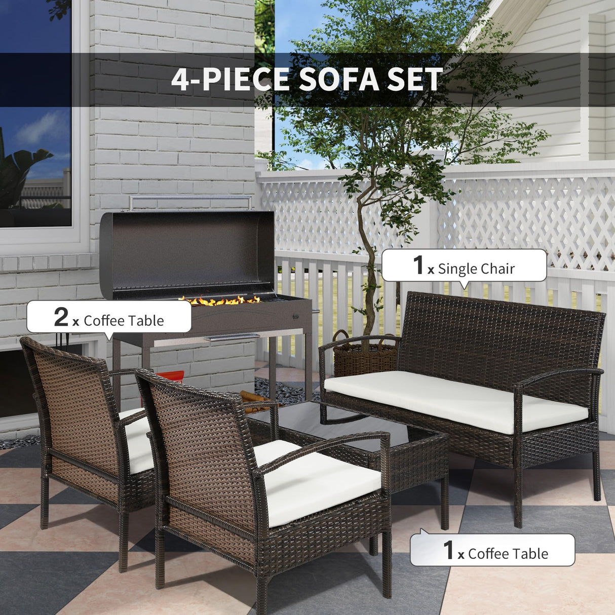 Outsunny Patio Furniture Set, 4 Piece Indoor Outdoor PE Wicker Conversation Set with Chairs, Loveseat Sofa, Cushions, Glass Table for Backyard, Sunroom, Pool, Garden, Brown Outsunny