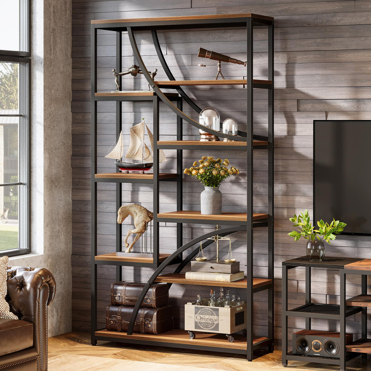 Tribesigns 70.87'' Tall Bookshelf Set of 2, 9-Tier Industrial Etagere Bookcase, Large Geometric Bookshelves with Open Shelf, Wood & Metal Freestanding Display Shelf for Living Room, Brown & Black Tribesigns