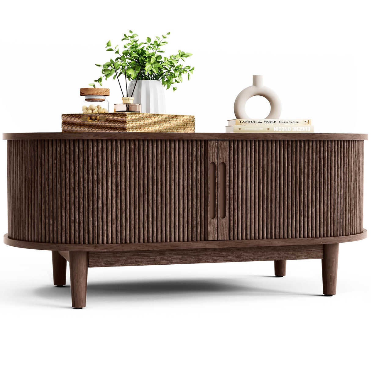 LINSY HOME Oval Coffee Table, Wood Coffee Table with Storage, Fluted Accent Center Table with Sliding Tambour Door, 39" Mid Century Modern Coffee Tables for Living Room, Bedroom, Apartment, Walnut LINSY HOME