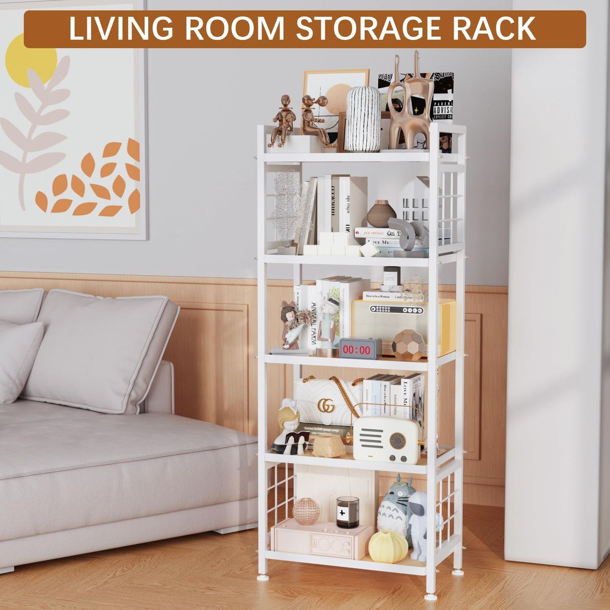 GIOTORENT 5-Tier Pantry Shelves with Wooden Boards, Heavy Duty Storage Shelves & Book Shelf, Adjustable Metal Shelving Unit for Kitchen Bathroom Laundry Organizer, Sturdy Rust-Resistant, White