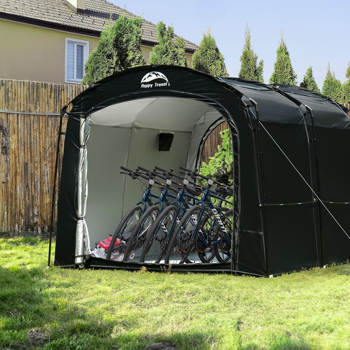 Happy Travel Bike Storage Tent, Outdoor 8×7×6.3ft Large 2-in-1 Portable Shed More 30% Top Space W/Double Doors with Mesh, Outside Lawn Mower Shelter and Bicycle Cover for Patio Furniture, Garden Tools HAPPY TRAVEL