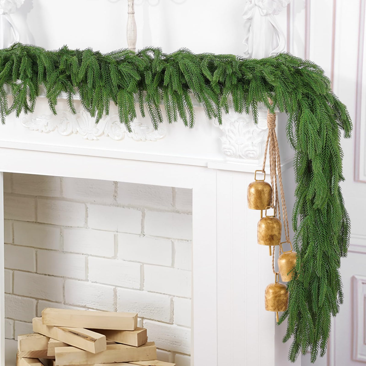 Hananona 4 Pcs 6 Ft Artificial Norfolk Pine Garlands, Real Touch Winter Pine Garland, Green Artificial Greenery Garland for Table, Mantle, Wall, Indoor, Outdoor Christmas Decorations (4, 6 FT) Hananona
